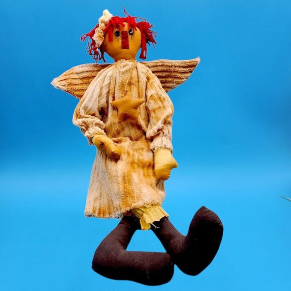 1990s Primitive Shabby Angel Rag Doll Red Yarn Hair Rustic Christmas Decor - Picture 5 of 10